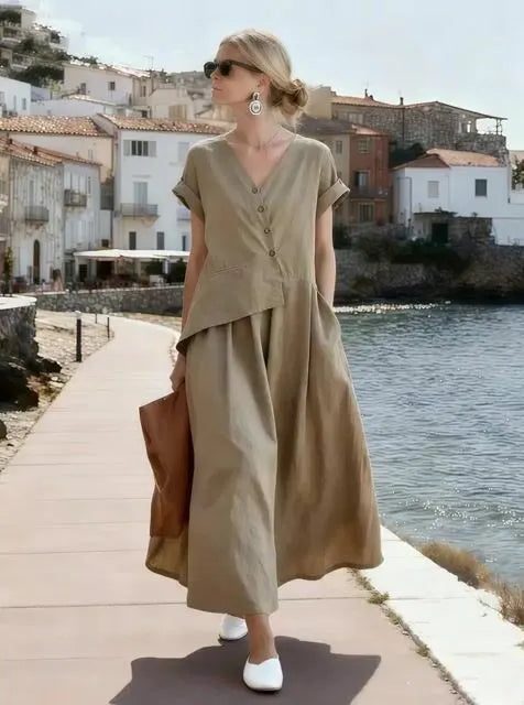 Women's V-Neck Casual Loose Short-Sleeved Irregular Dress