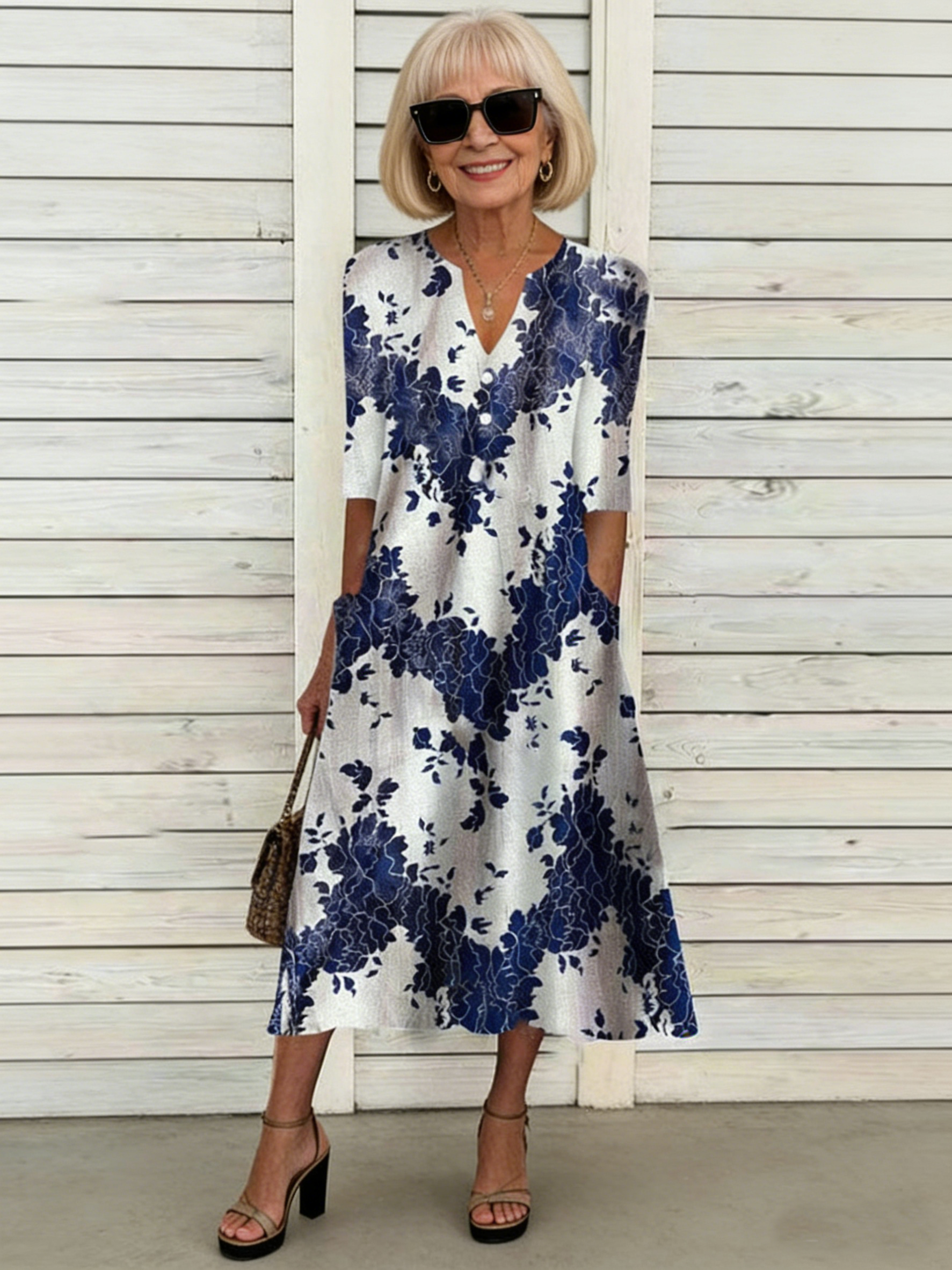 Positioning Printed Button Medium Sleeve Dress