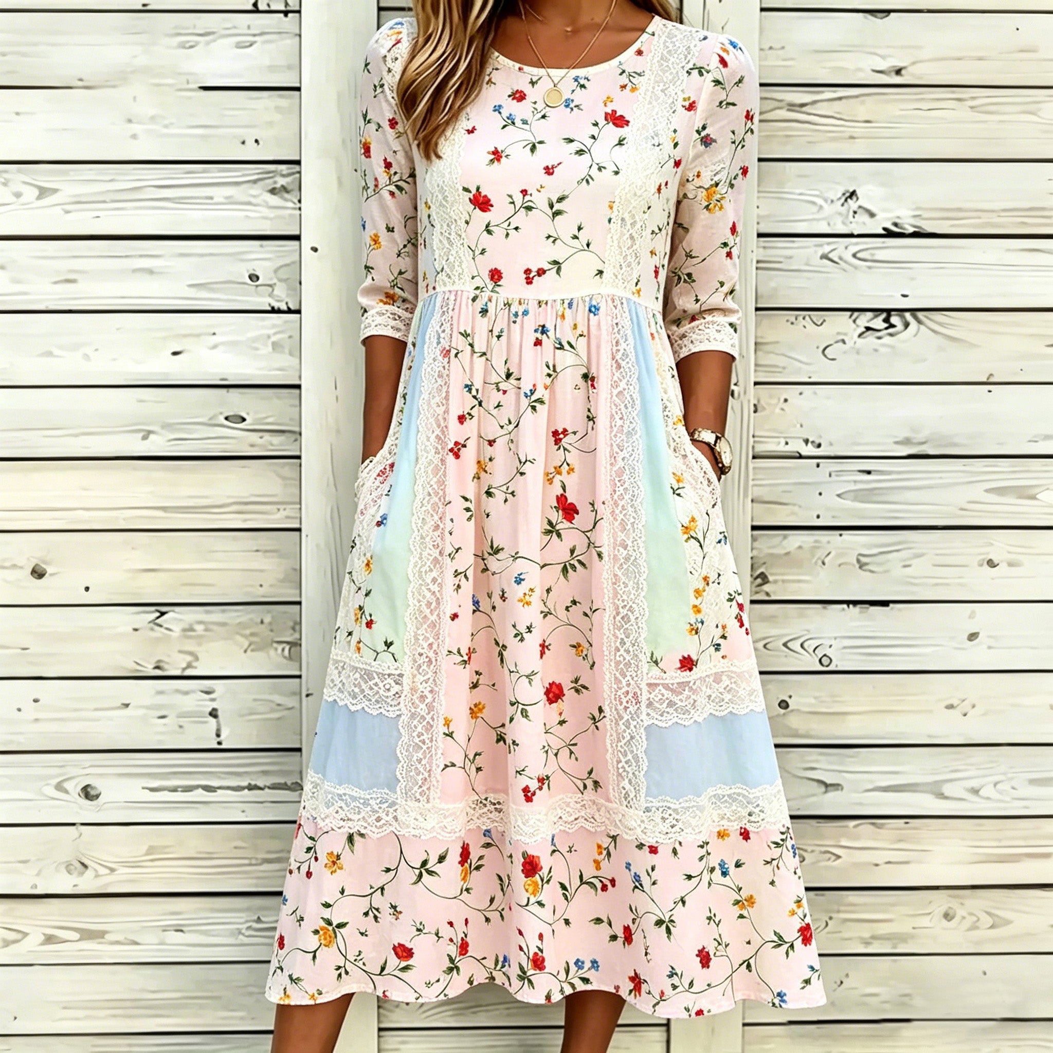 Women's Floral Lace Patchwork Art Casual Cotton Linen Long Dress