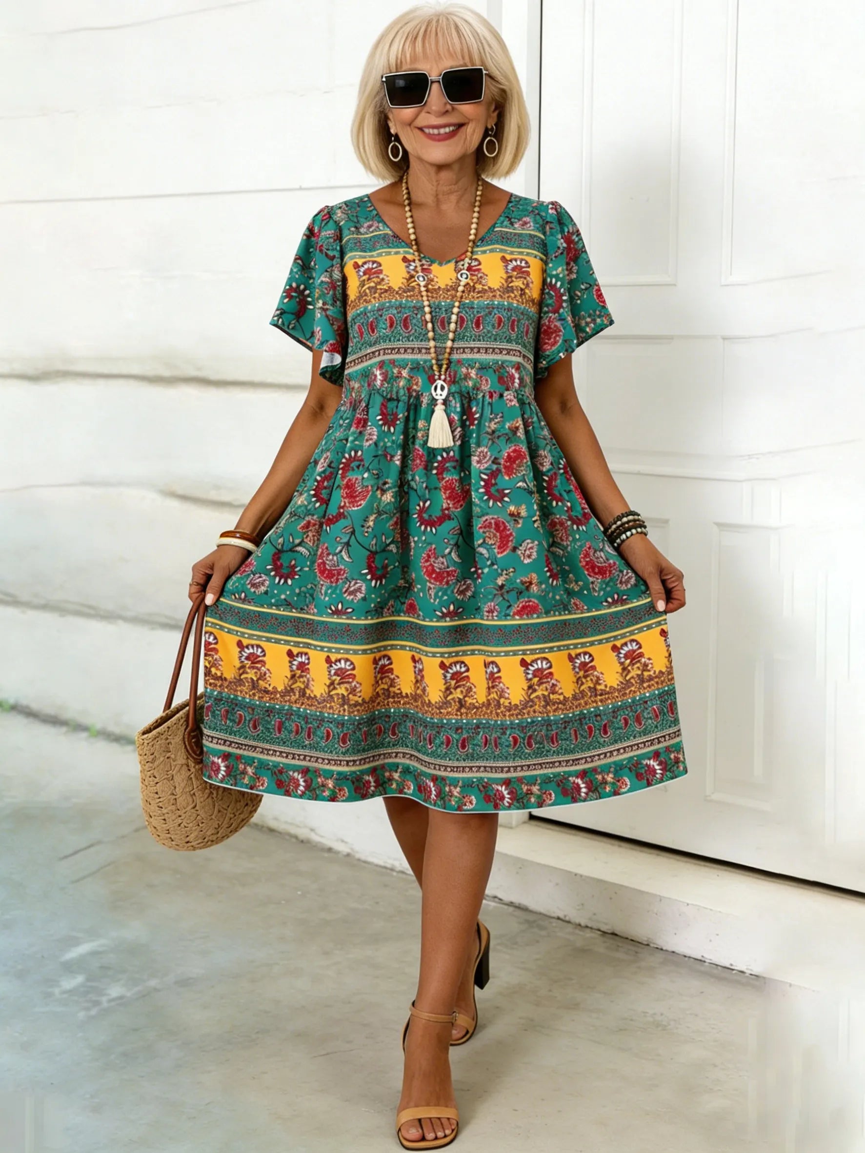BOHO Floral Print Short-sleeved Pullover Round Neck Casual Medium-length Dress