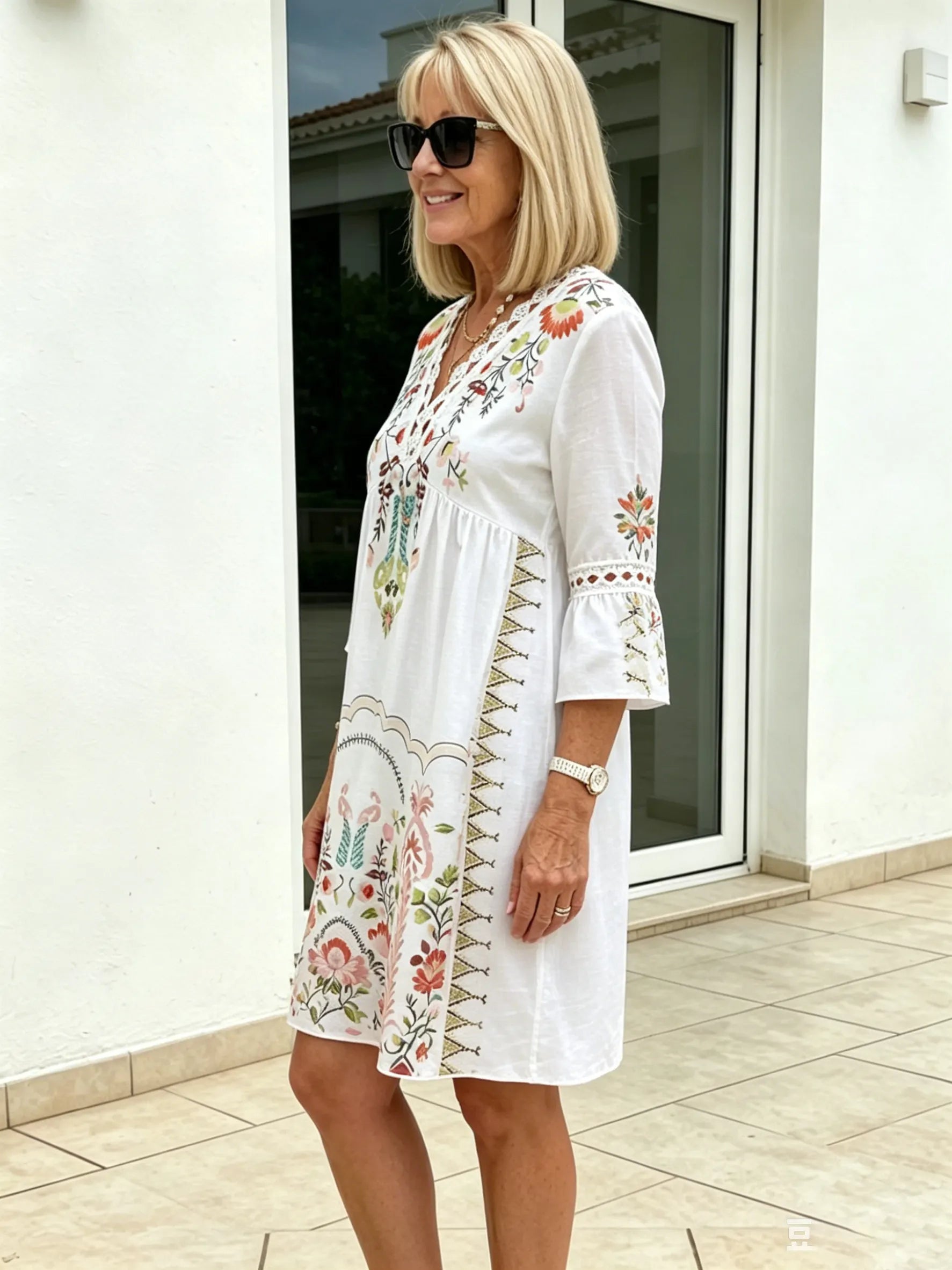 V-neck Printed Lace Stitching Bohemian Casual Vacation Style Dress