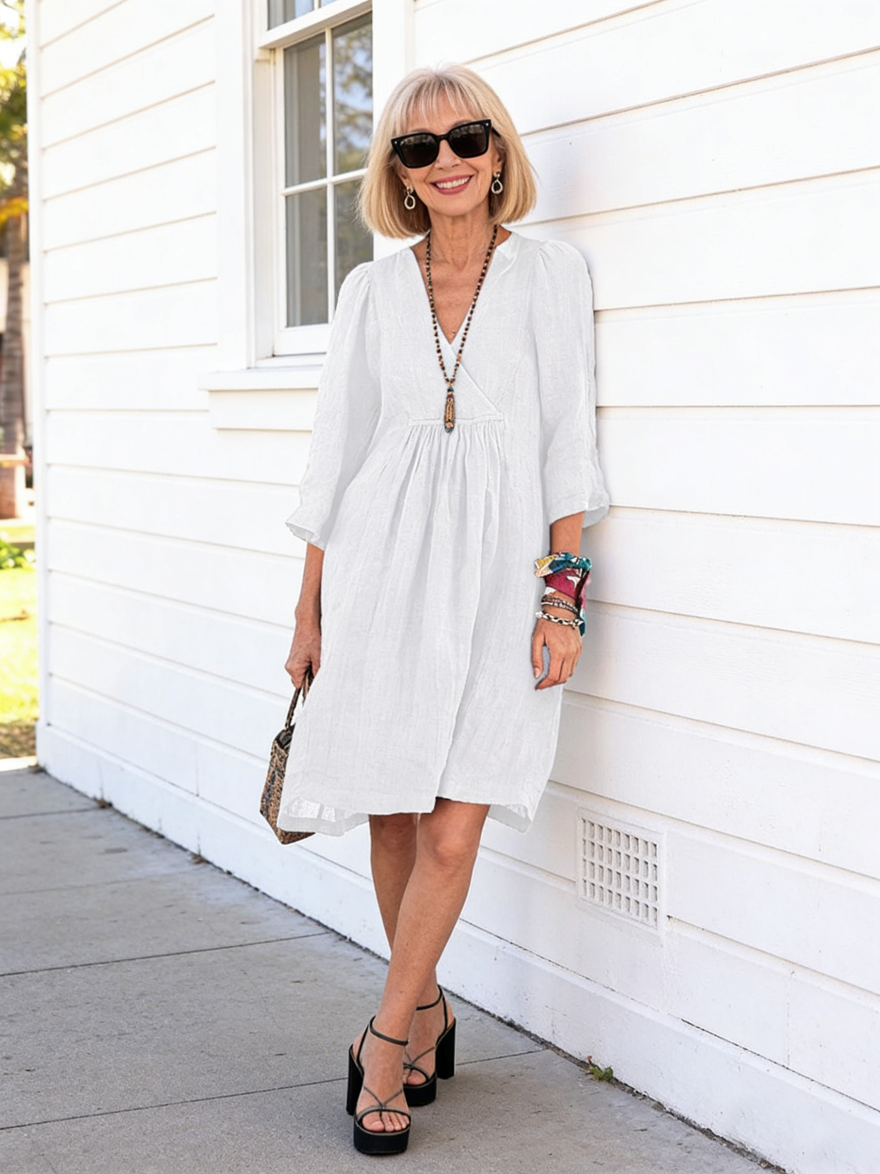 Solid Color Loose Non-Elastic Cotton and Linen Dress