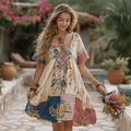Women's Vintage Floral Stitching Cotton And Linen Dress