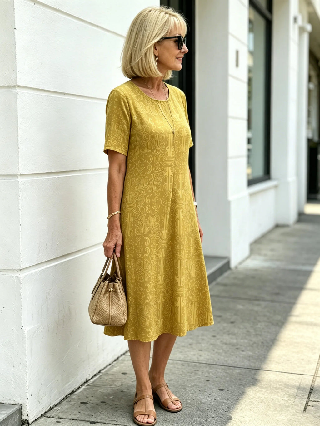 Blue Paisley Print Loose Midi Dress, Round Neck Short Sleeve Tummy Concealing Slimming Temperament Dress for Mature Women