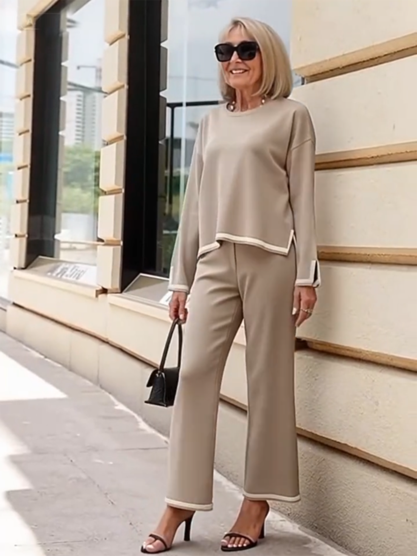 Contrasting Color Split-ended Long-sleeved Knitted Sweater High-waisted and Thin Wide-leg Pants and Trousers Two-piece Set