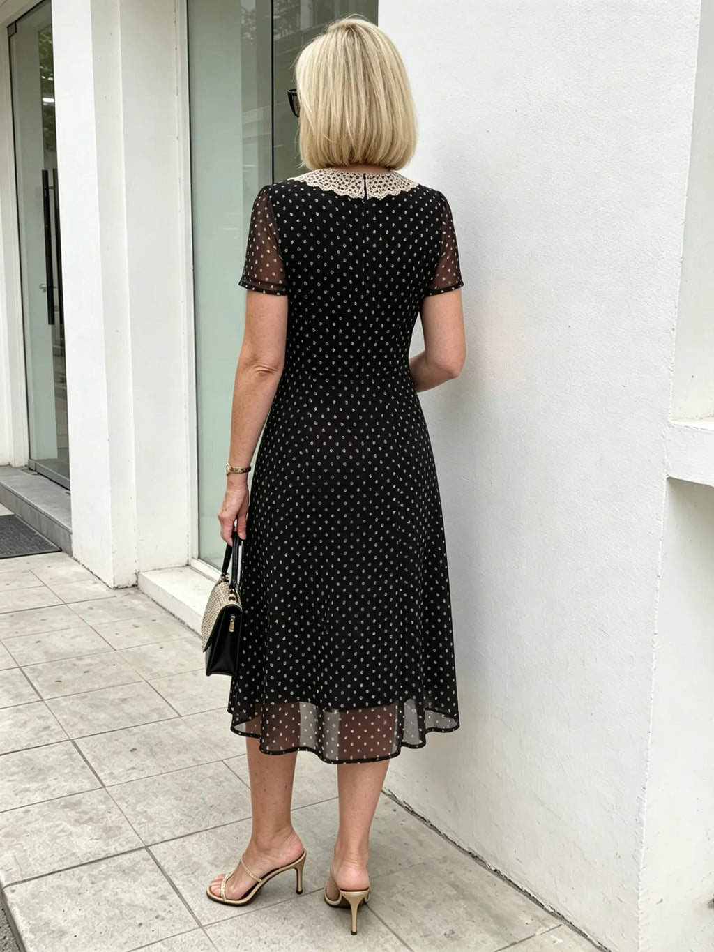 Black Polka Dot Mesh Midi Dress, Lace Peter Pan Collar Short Sleeve Elastic Waist Tummy Concealing Slimming Temperament Dress for Mature Women