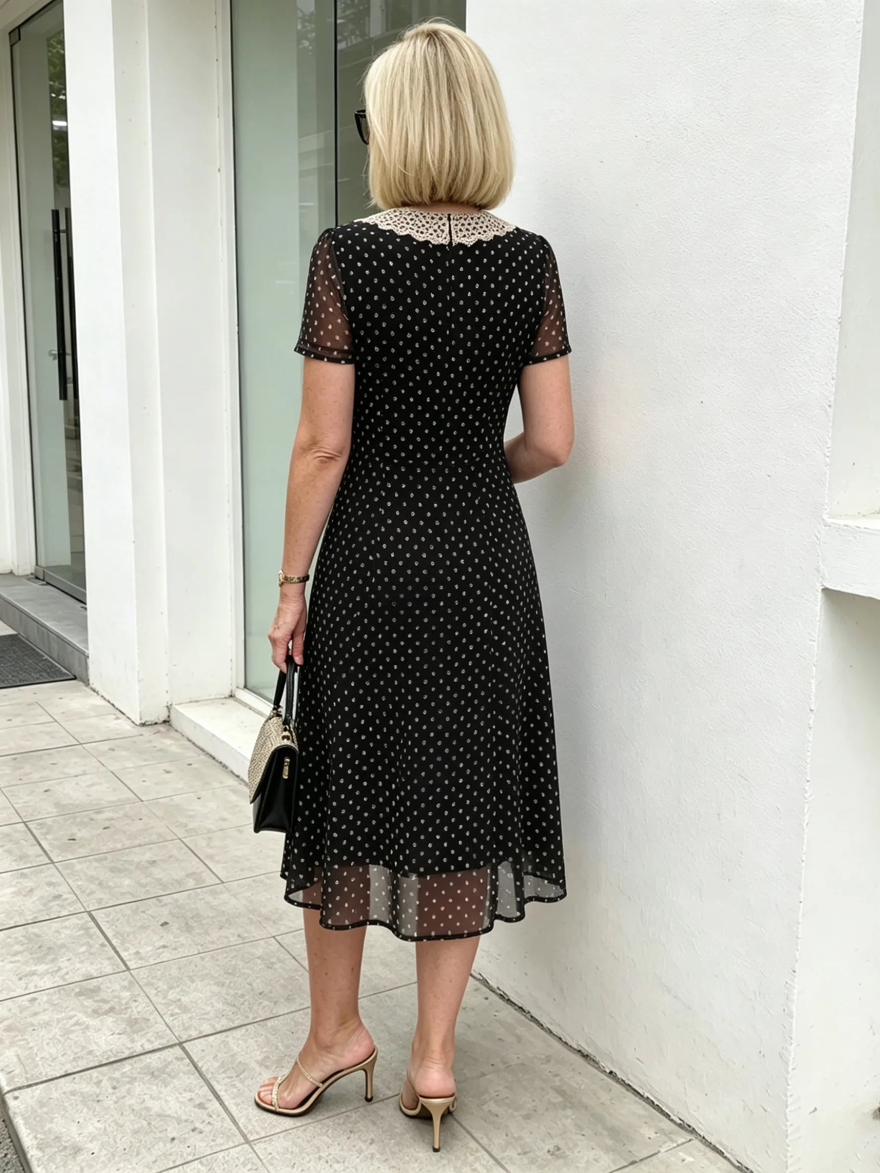 Black Polka Dot Mesh Midi Dress, Lace Peter Pan Collar Short Sleeve Elastic Waist Tummy Concealing Slimming Temperament Dress for Mature Women