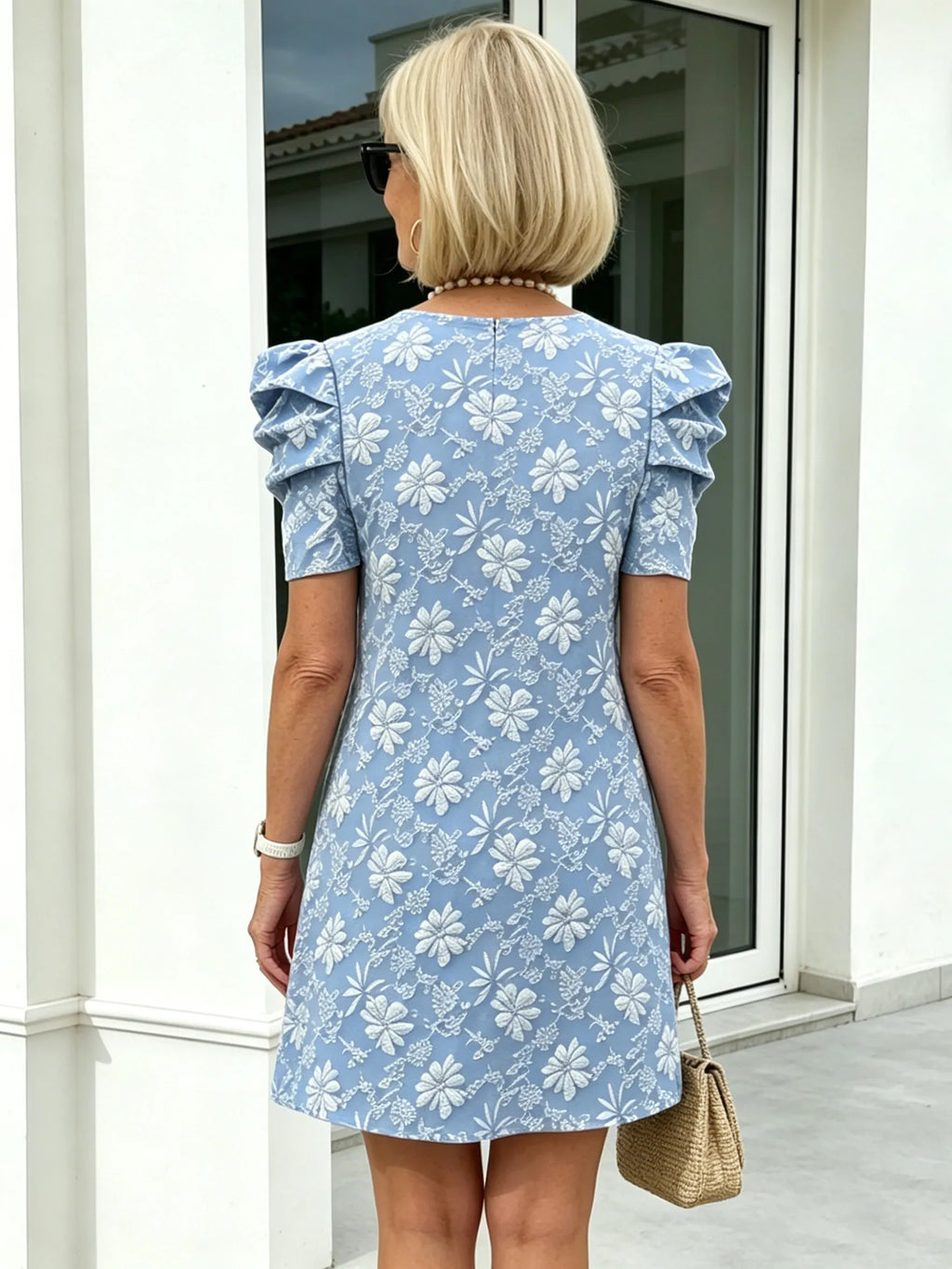 Bubble Sleeve Textured Jacquard Crew Neck Vintage Style Dress