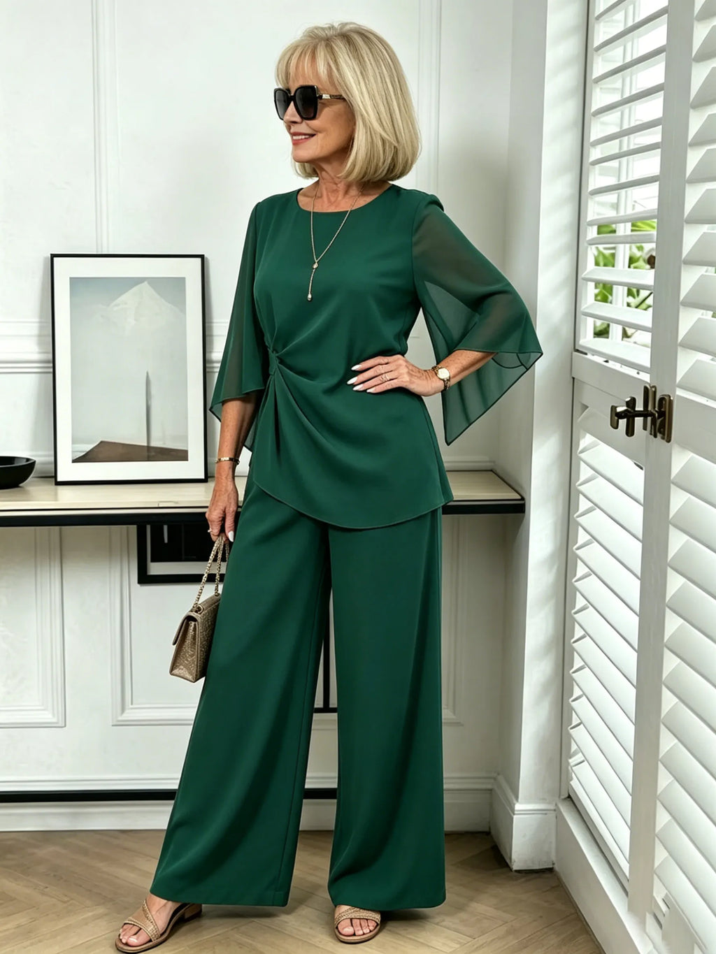 2Pcs Light Blue Chiffon 2 Piece Outfit, Irregular Twist Flare Sleeve Top & Wide Leg Pants Set for Mature Women