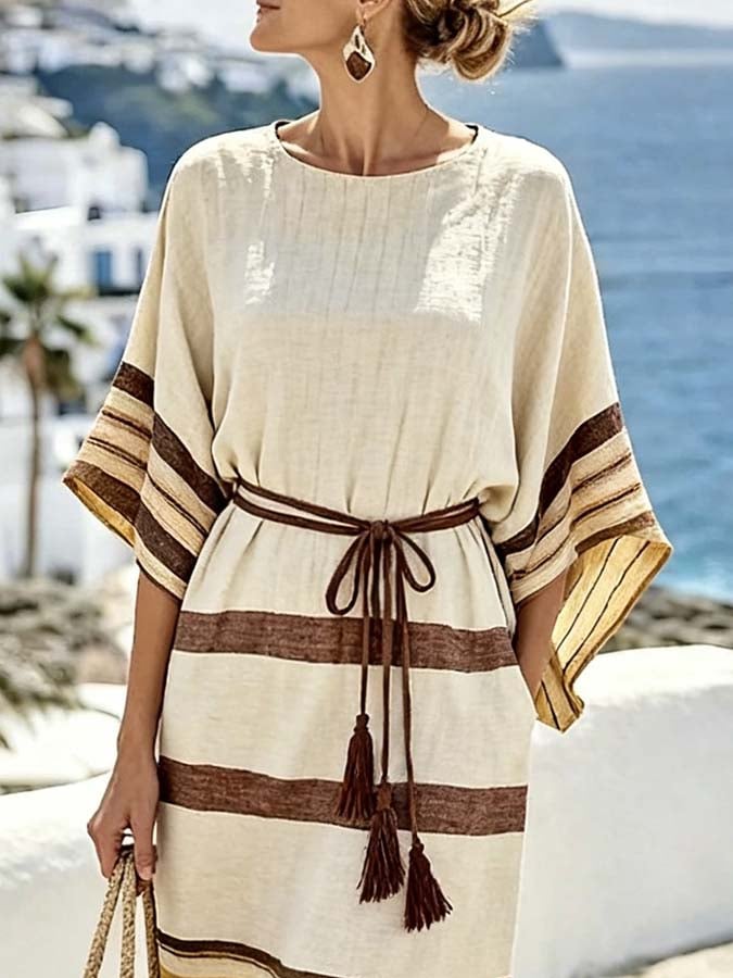 Women'S Casual Color-Block Striped Dress With Tassel Belt