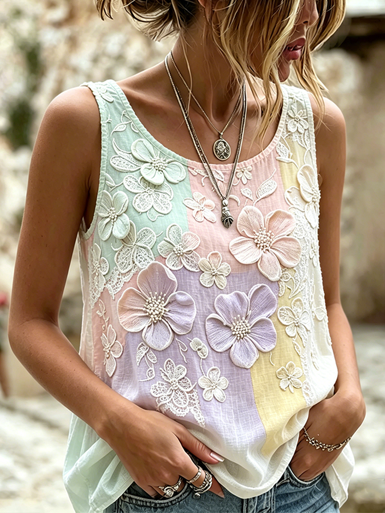 Colorful Color Design Flower Pattern Casual Linen Vest