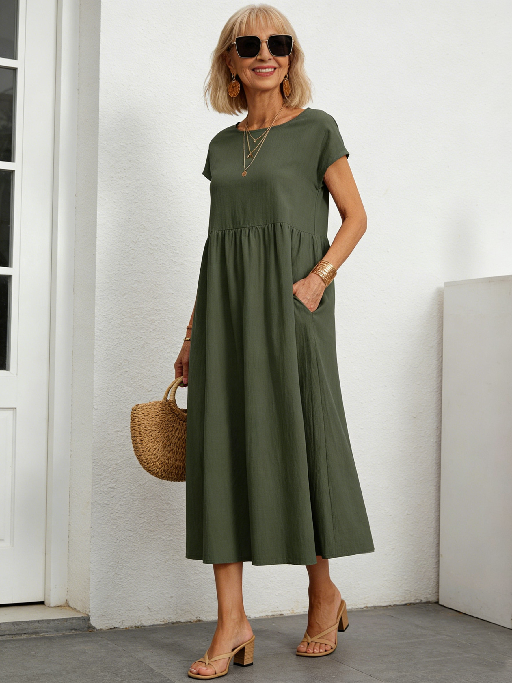 Solid Color Sleeveless Loose Cotton and Linen Pockets, Dress