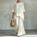 Classy Almond Blossom Flowy Linen Tunic & Wide Leg Pants Set