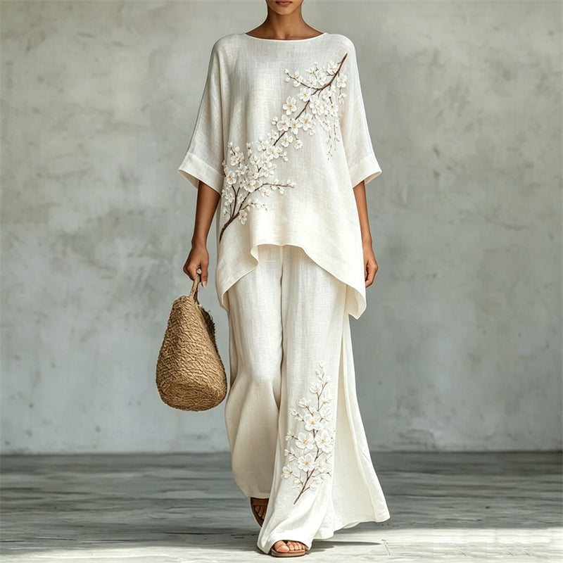 Classy Almond Blossom Flowy Linen Tunic & Wide Leg Pants Set