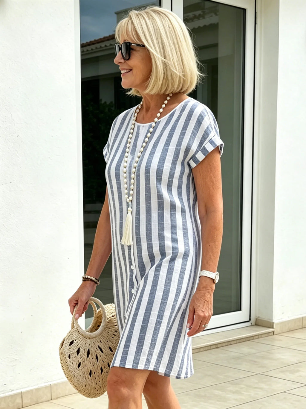 Breathable Cotton Dress Loose Casual Striped Shirt Dress
