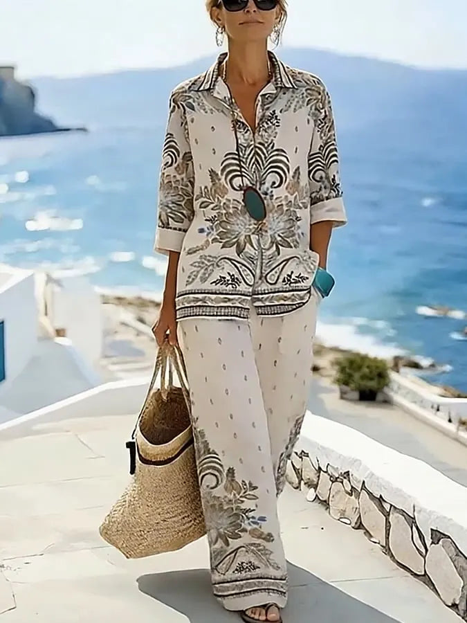Women'S Casual Printed Cotton And Linen Two-Piece Set