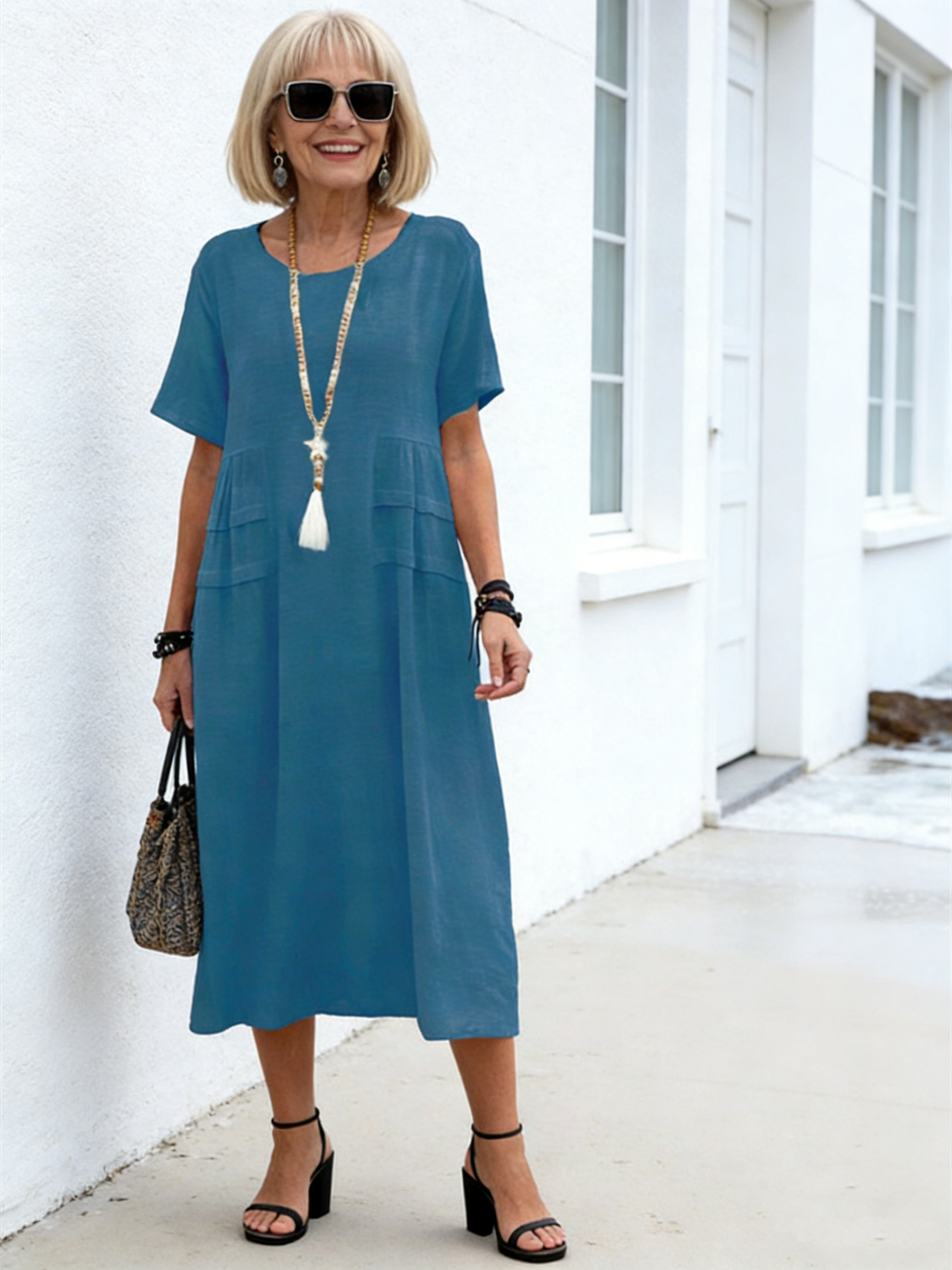 Plus Size Loose Casual Cotton and Linen Solid Color Round Neck Short-sleeved Medium and Long Dress