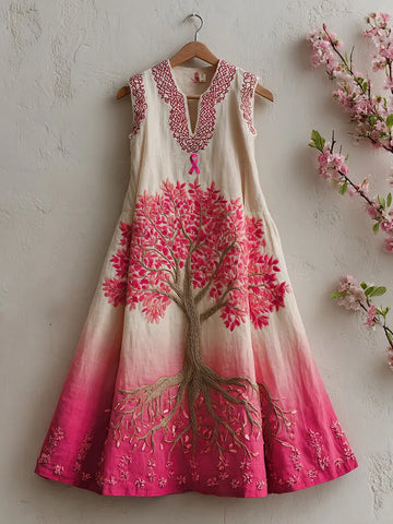 Women's Tree Of Life Pink Ribbon Embroidery Tank Maxi Dress