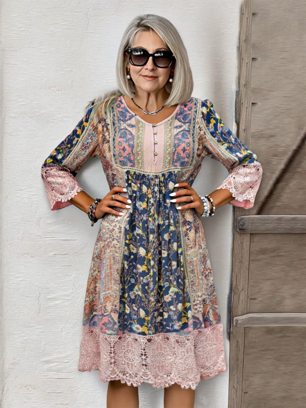 Vintage Print Lace Dress