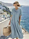 Women'S Solid Color Short-Sleeved Loose Cotton And Linen Dress