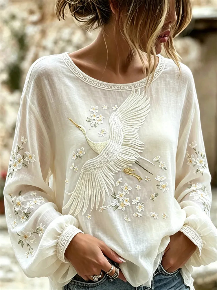 Classy Japanese Cranes & Flowers Flowy Linen Tunic