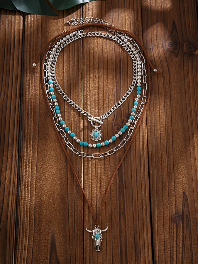 Women's Retro Bull Head Clavicle Exotic Ethnic Style Cactus Stacked Beaded Necklace