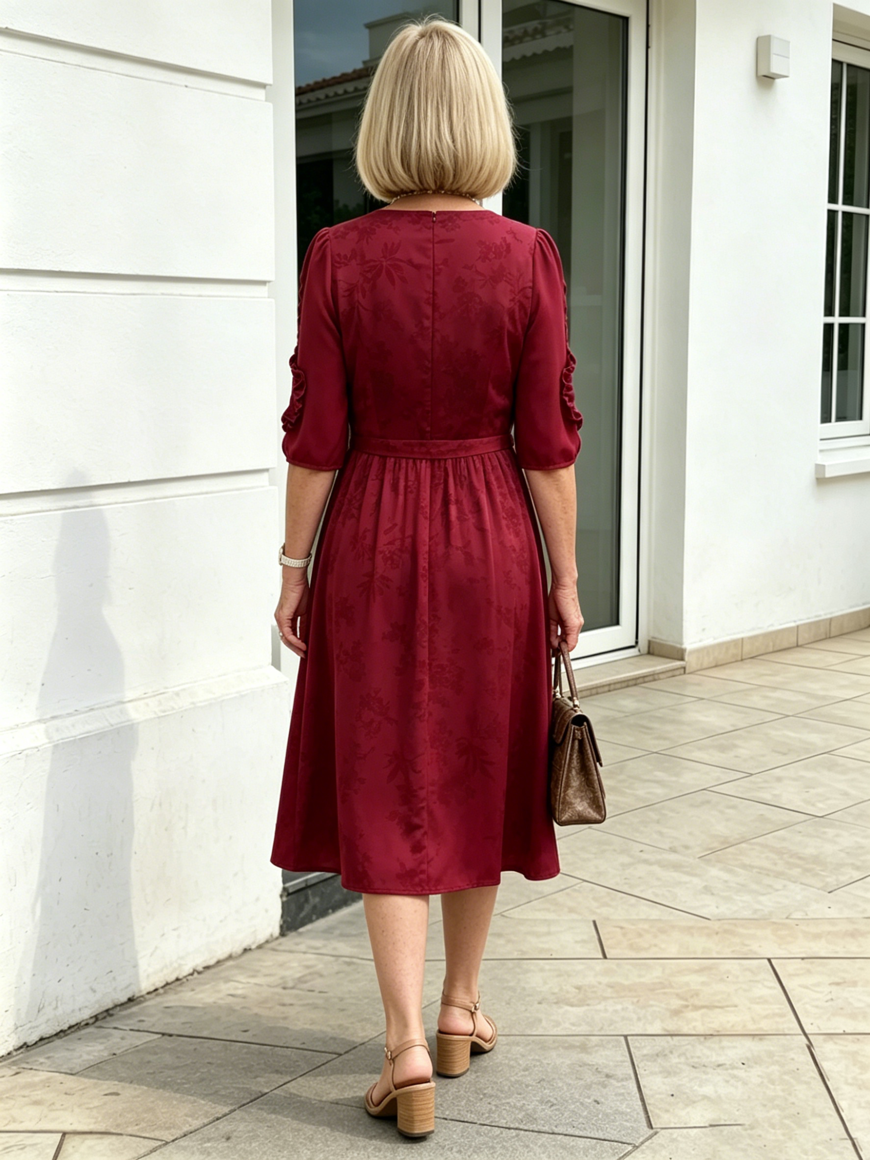 Coffee Brown Floral Print Midi Dress, Split Neck Button Front Ruffle 3/4 Sleeve Tie Waist Slimming Dress for Mature Women
