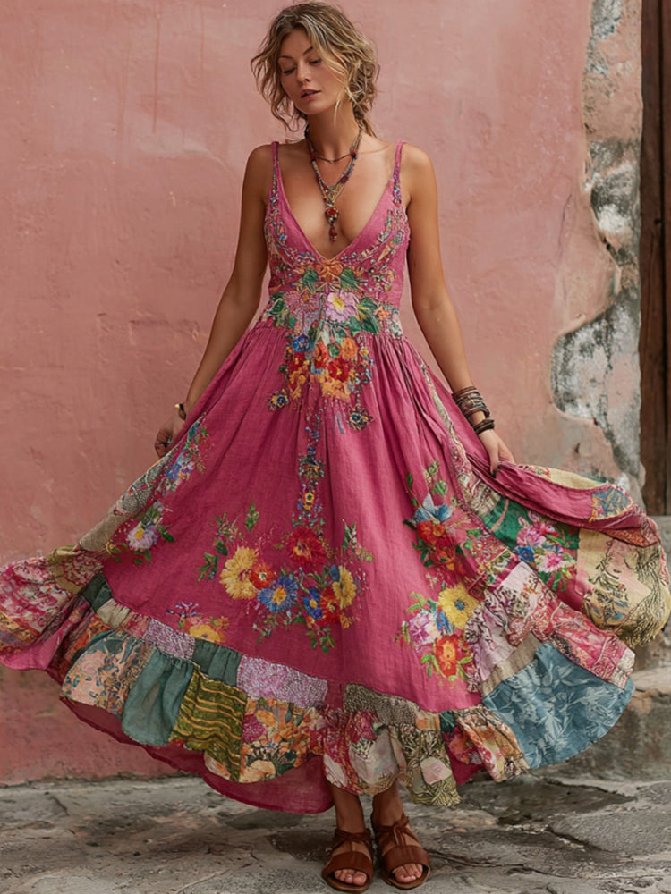 Women's Bohemian Floral Embroidery Art Print Slip Maxi Dress