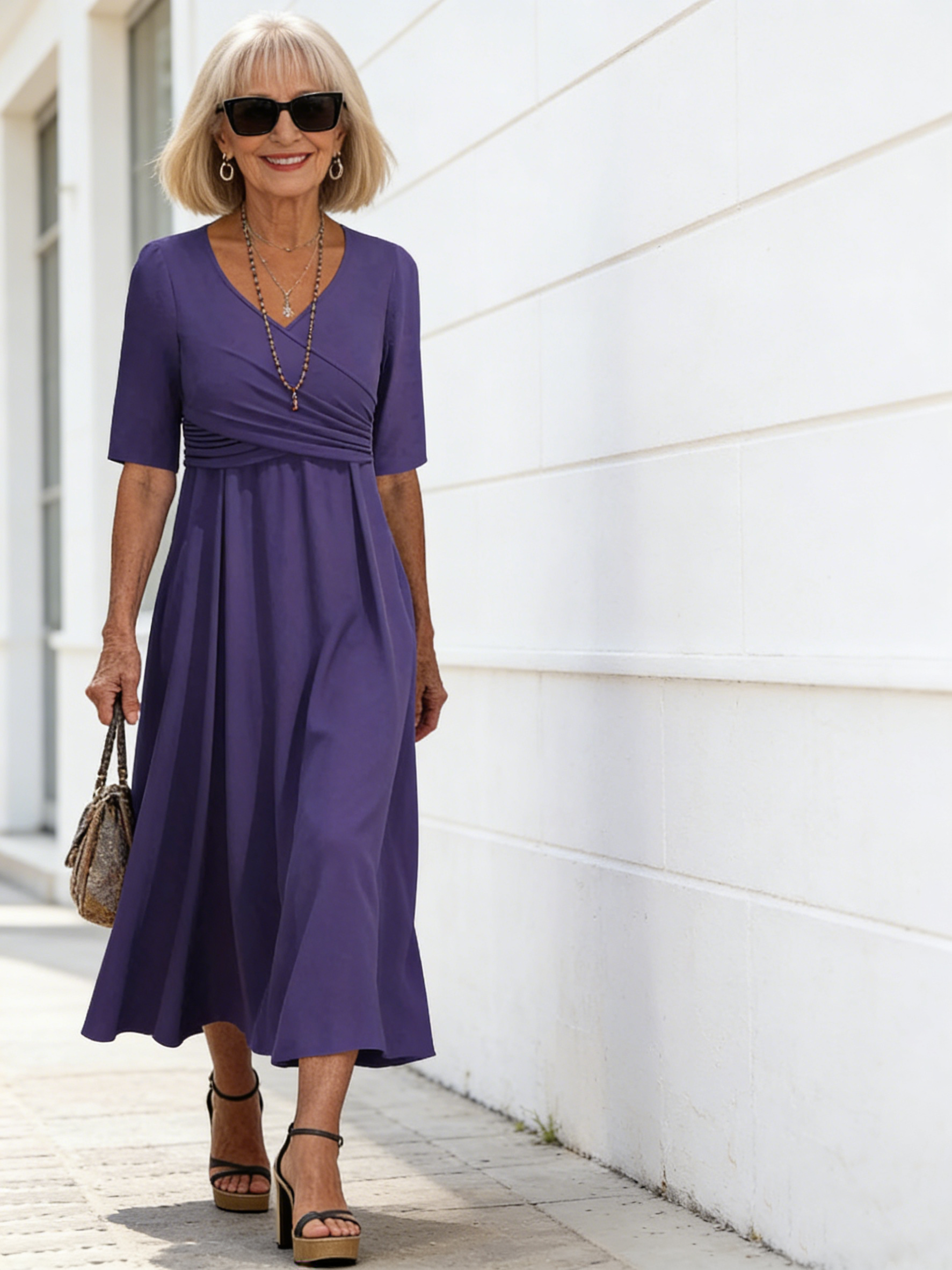 Fashion Solid Color Cross V-Neck Short Sleeve Personality Dress Women's Clothing