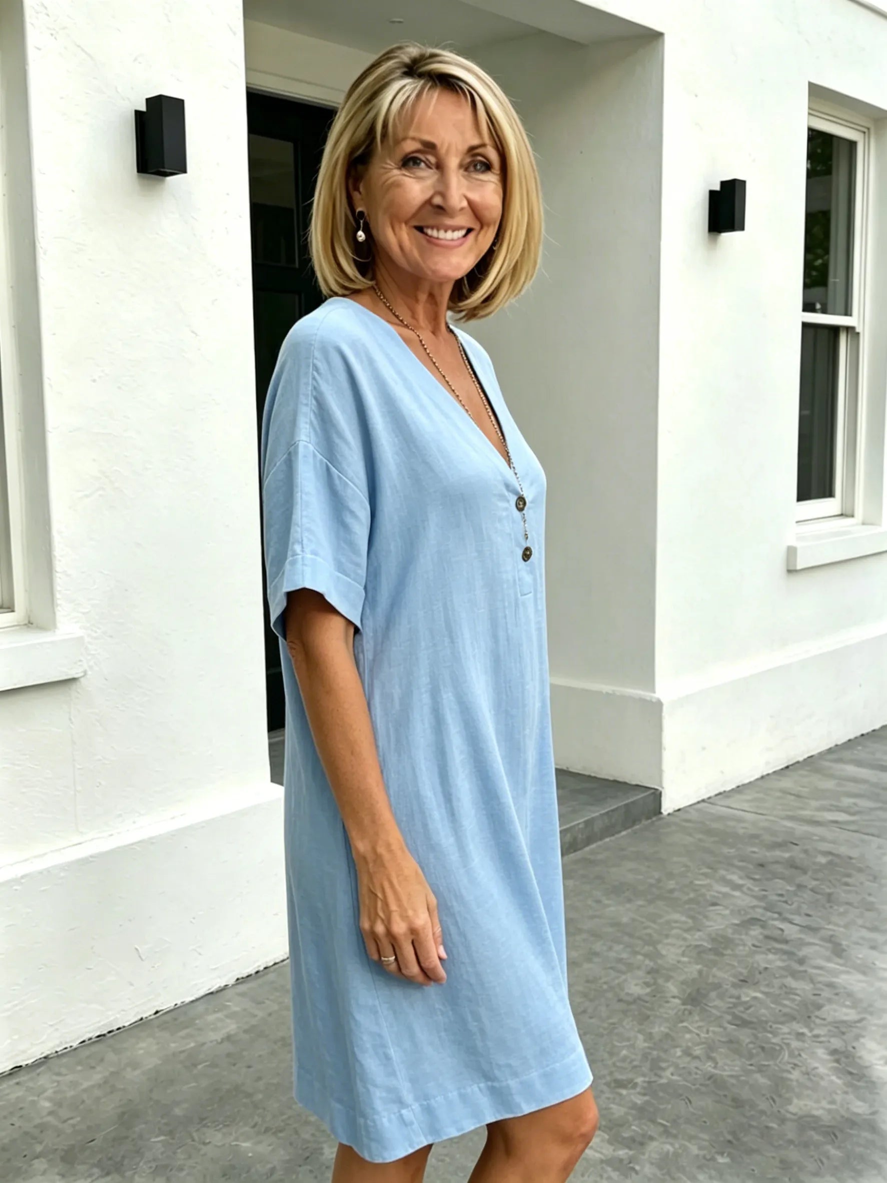 Short Sleeve V-Neck Cotton and Linen Loose Summer Dress