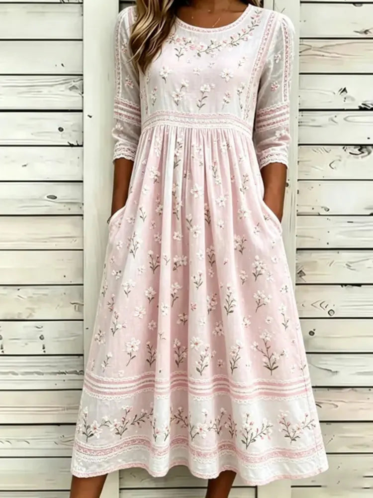 Vintage White Cherry Blossom Art And Lace Art Light Pink Cotton Linen Loose Round Neck Dress