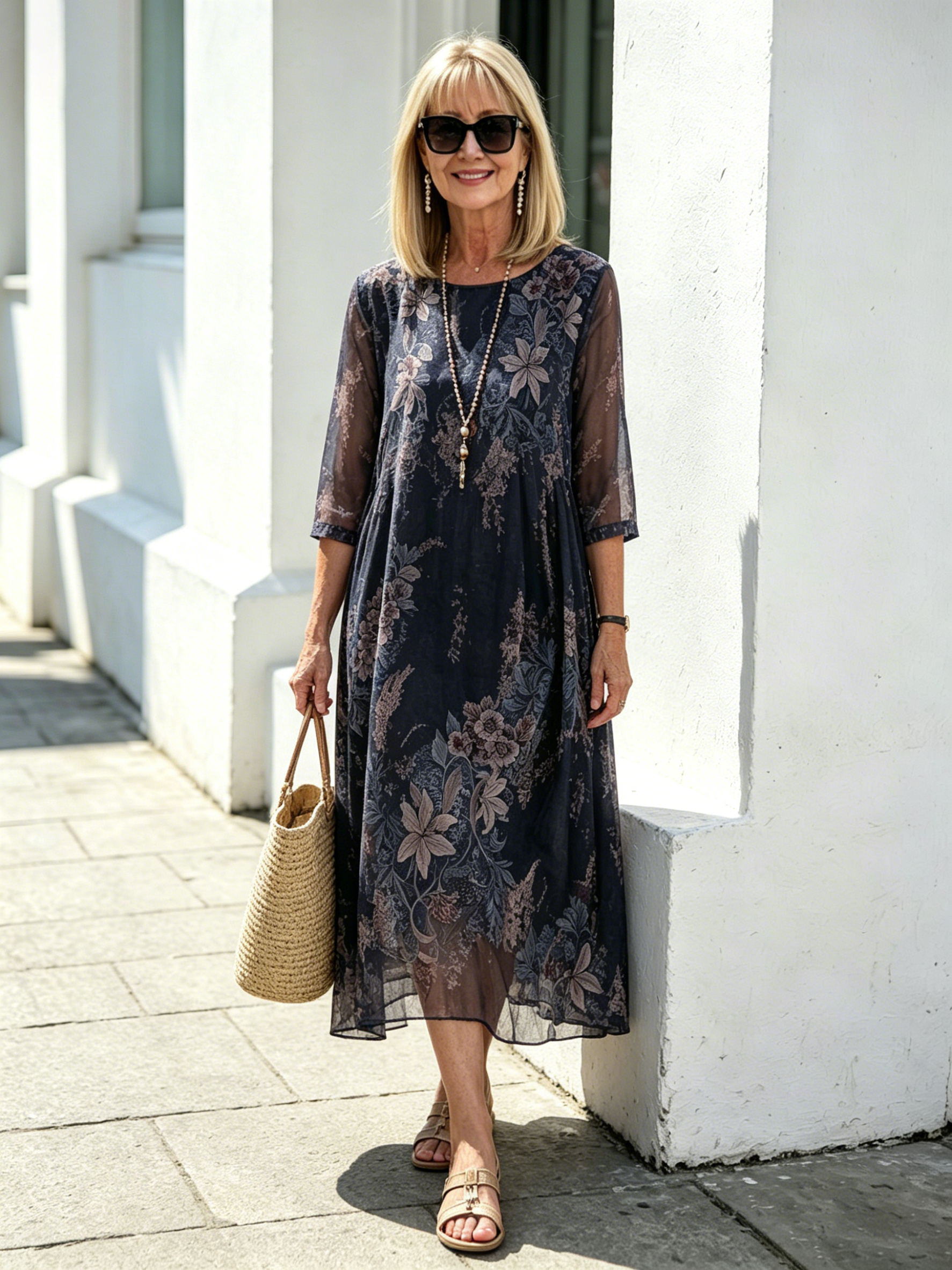 Black Floral Chiffon Midi Dress, Loose Tummy Hiding 3/4 Sleeve Printed Dress for Mature Women