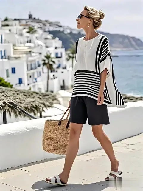 Women'S Loose Striped Holiday Shorts Set