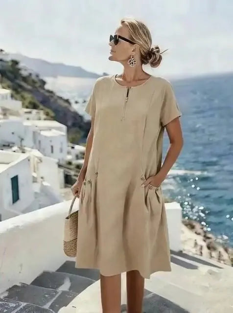 Women'S Casual Loose-Fitting Solid Color Cotton And Linen Dress