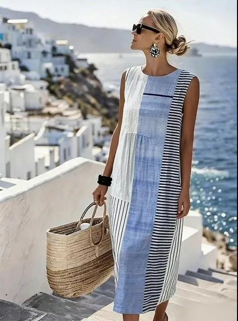 Women'S Round Neck Sleeveless Color-Block Printed Dress