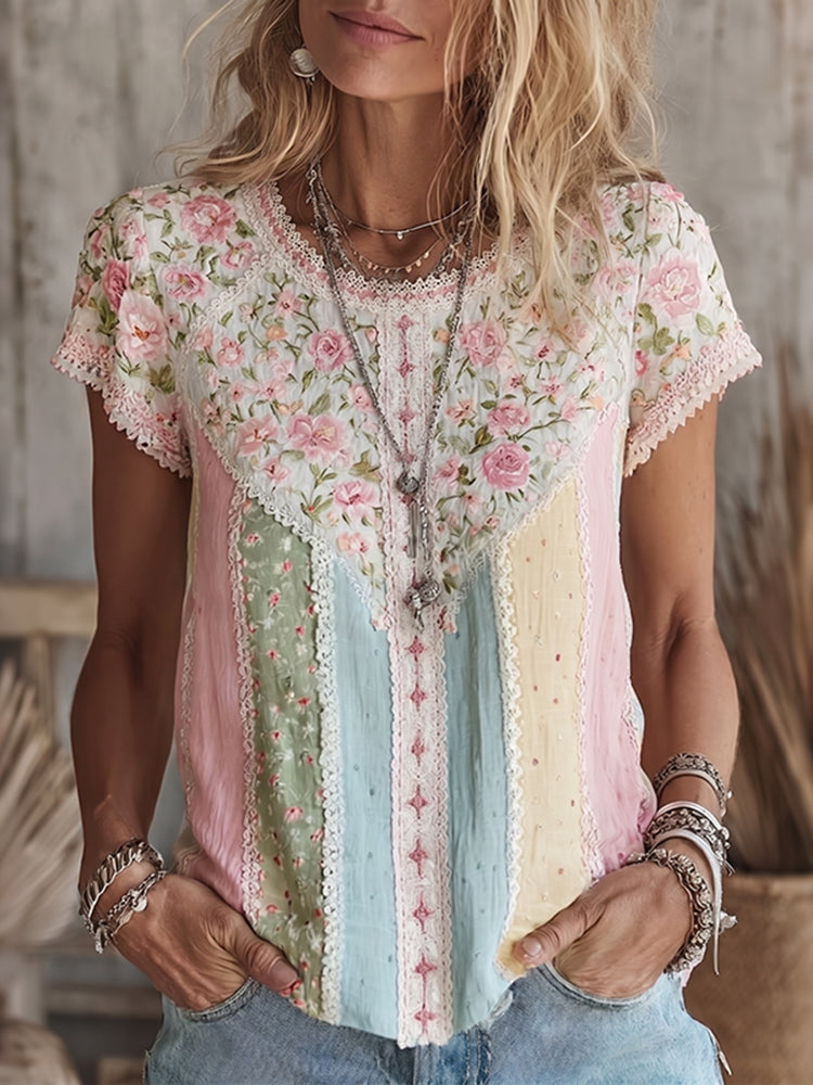 Women's Boho Floral Embroidered Patchwork Round Neck T-shirt