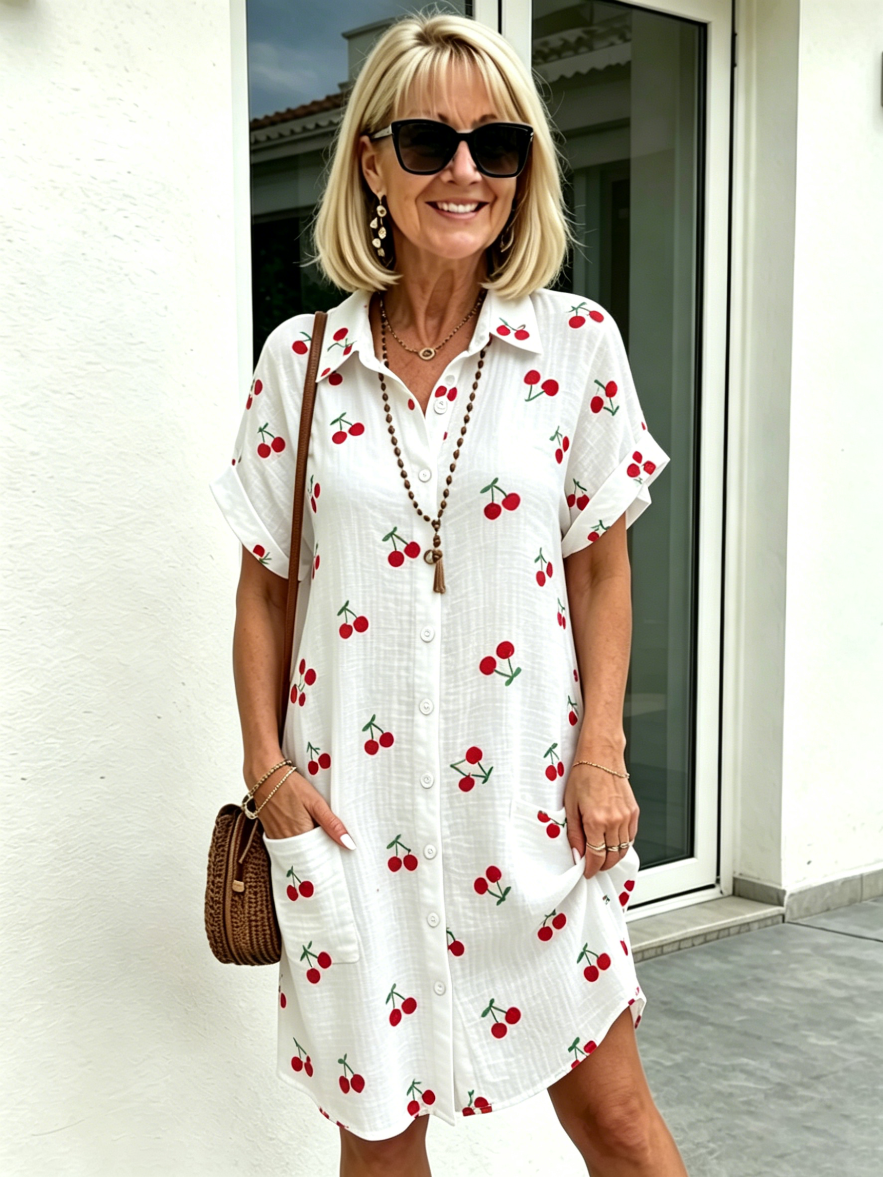 Pure Cotton Cardigan Roll-up Sleeves  Breathable Fabric Button Terracotta A-shaped Long-sleeved Dress
