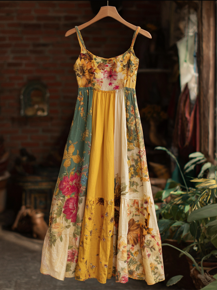 Bohemian Style Plant Flower Pattern Multi-color Women Cotton And Linen Strap Long Dress