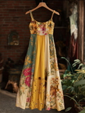 Bohemian Style Plant Flower Pattern Multi-color Women Cotton And Linen Strap Long Dress