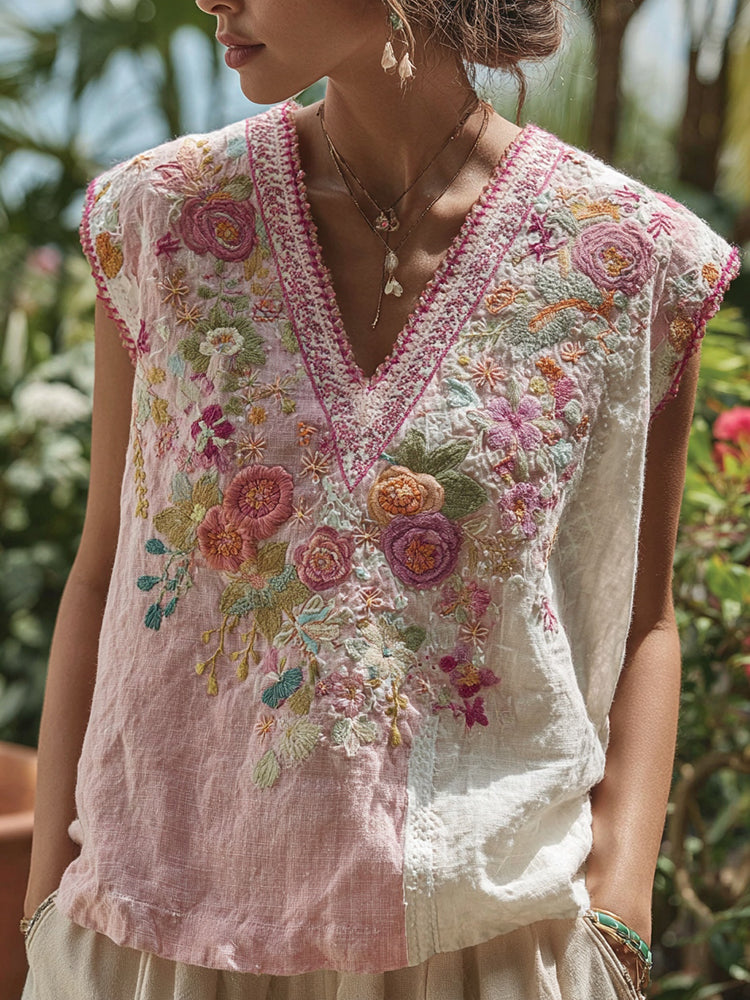 Women's Patchwork Rose Embroidered Linen Tank Top
