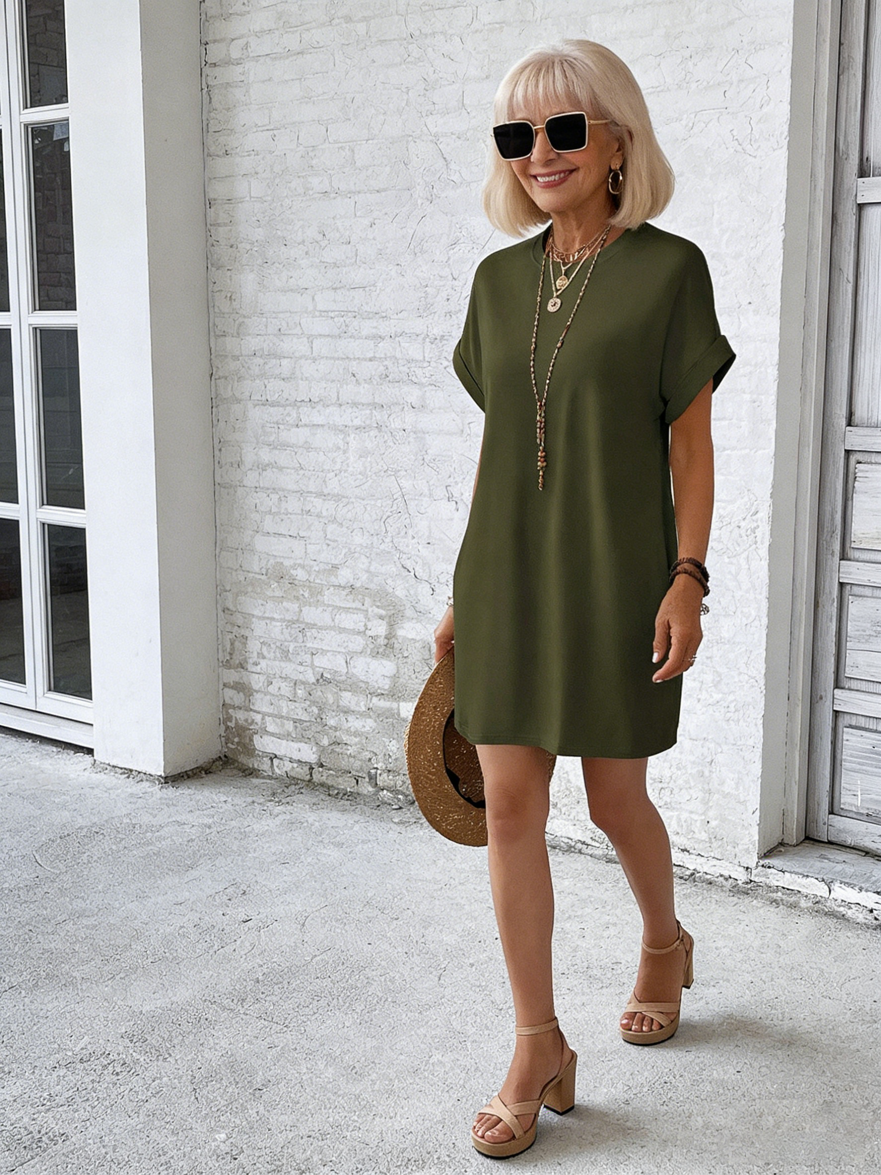 Crew Neck With Pocket Dress, Elegant Short Sleeve Dress For Spring & Summer, Women's Clothing