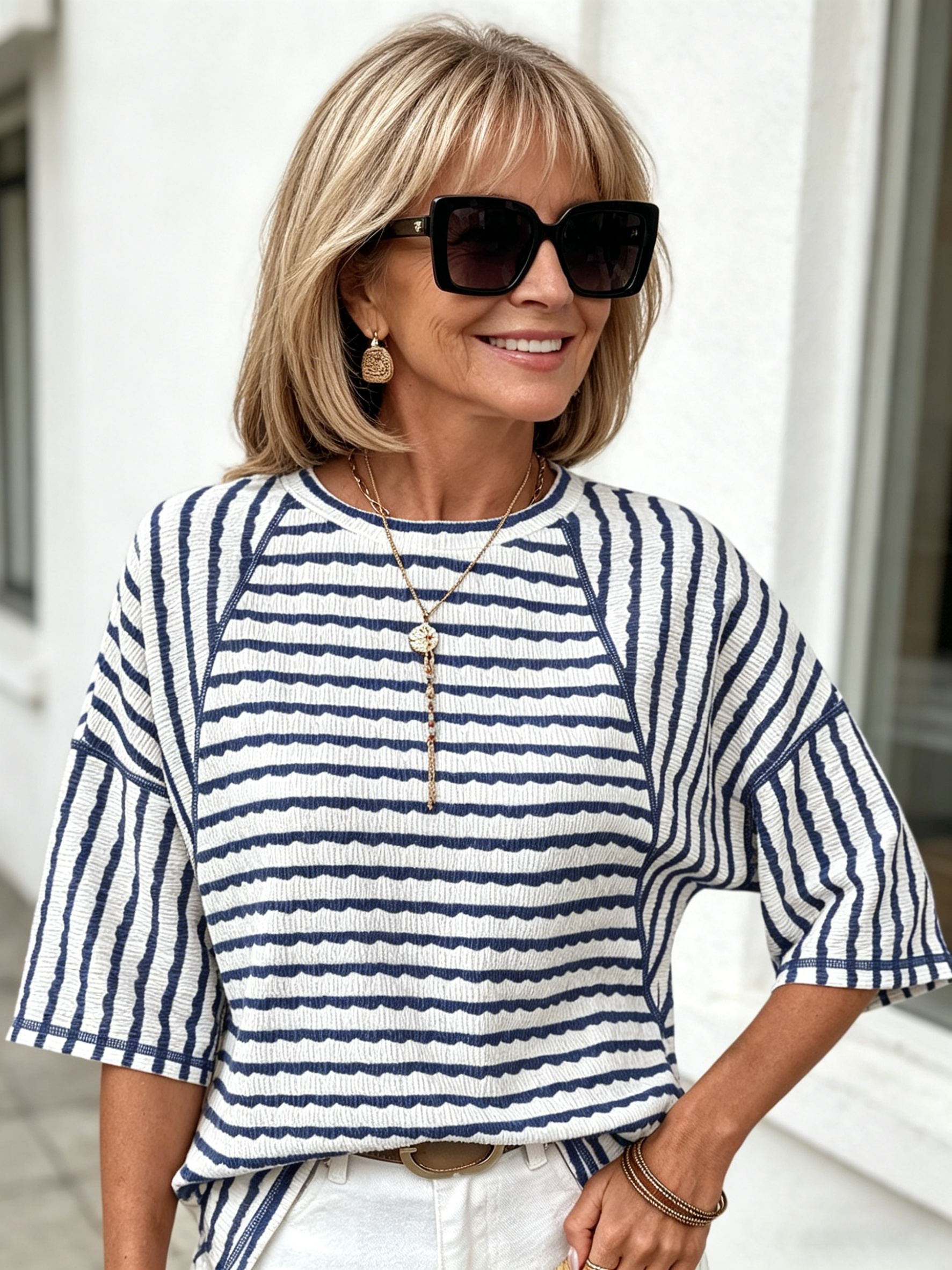Crew Neck Jumper Women's Simple Versatile Striped Half-sleeved T-shirt