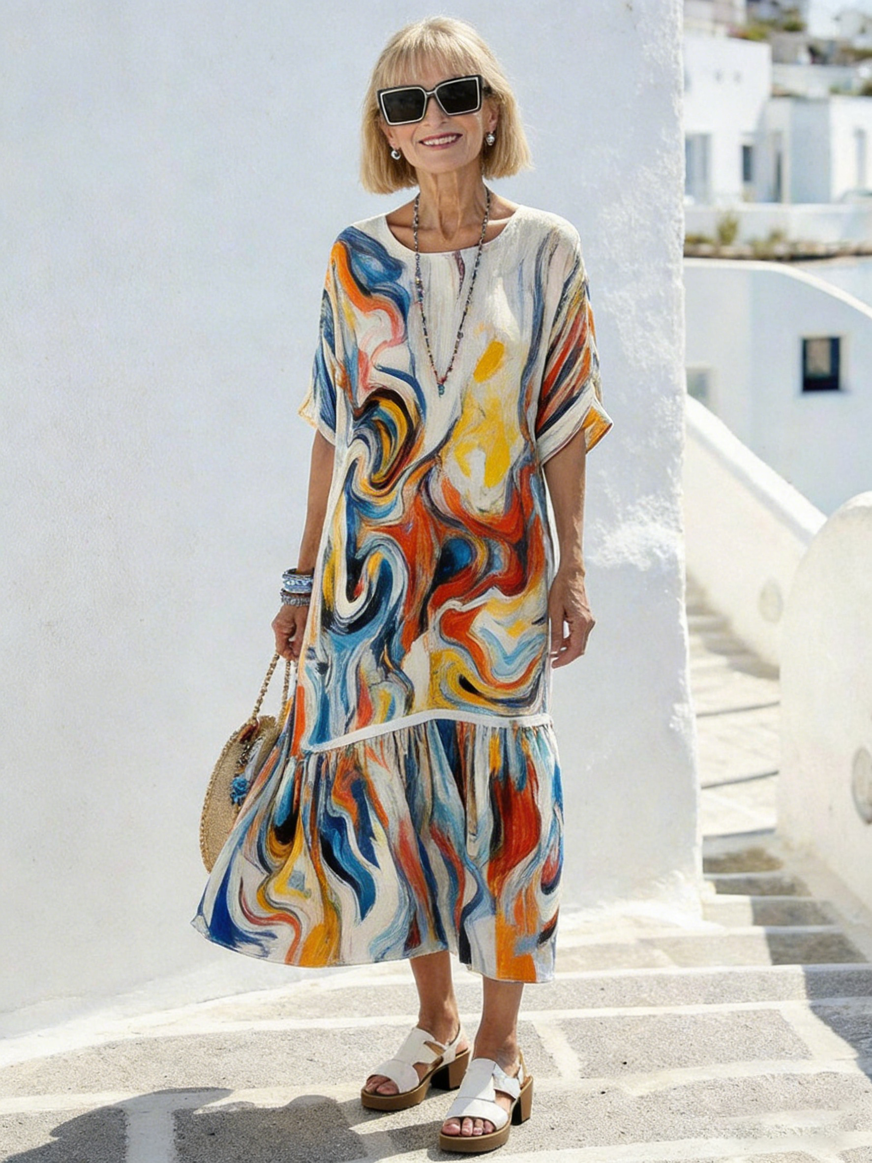 Vacation Casual Round Neck Half Sleeve Pullover Digital Printing Women's Dress Long Dress