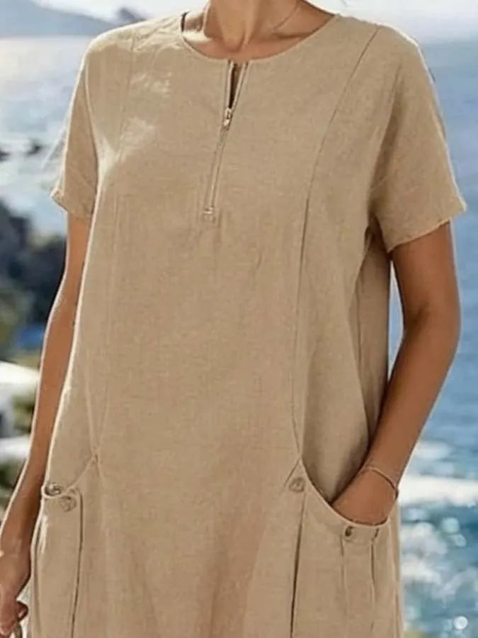 Women'S Casual Loose-Fitting Solid Color Cotton And Linen Dress