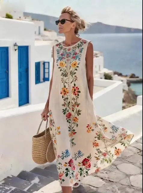Women'S Round Neck Sleeveless Color-Block Printed Dress