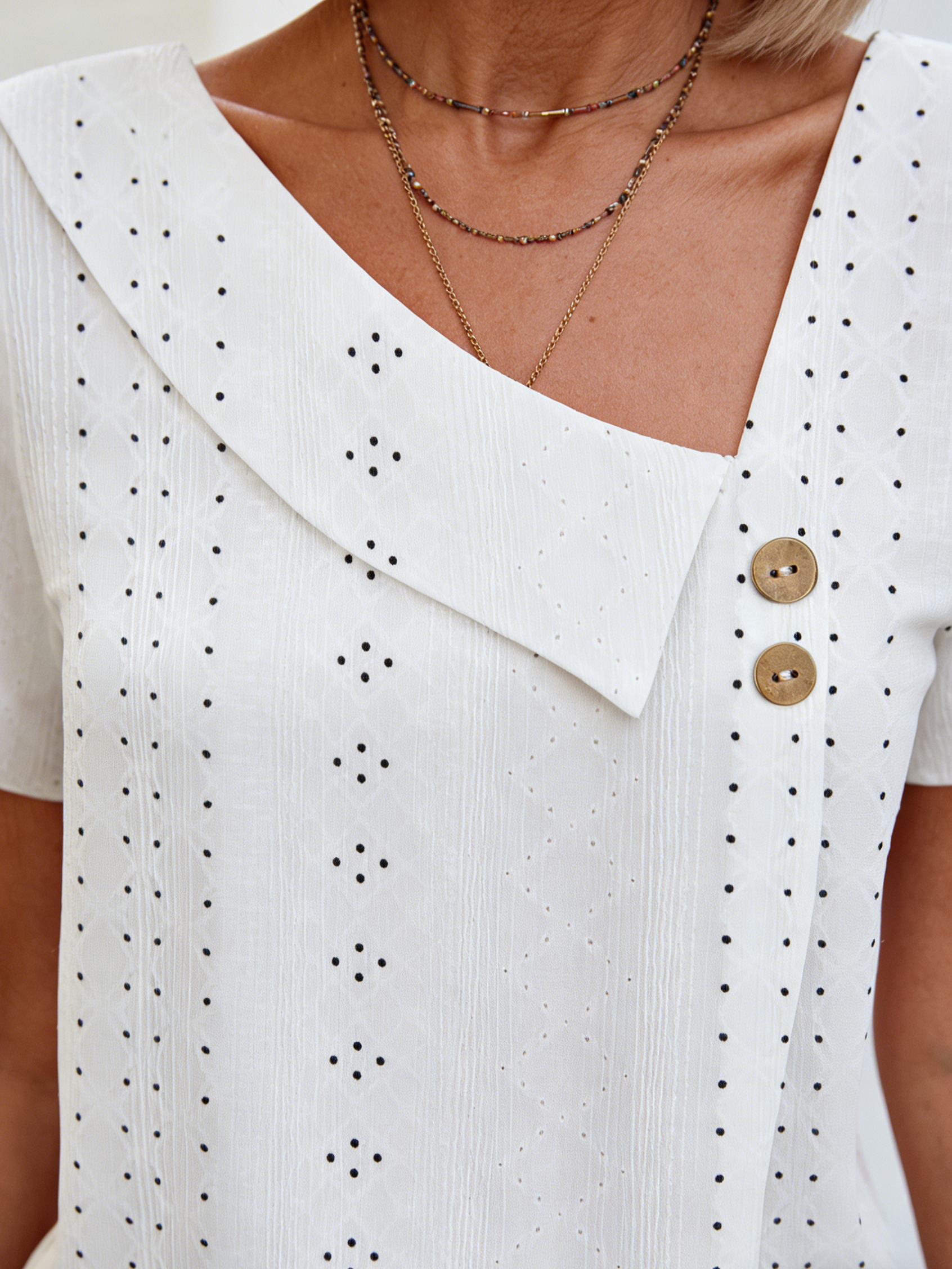 Textured Fabric Collar Button Solid Color Hollow Short Sleeve Women's Top T-Shirt Short