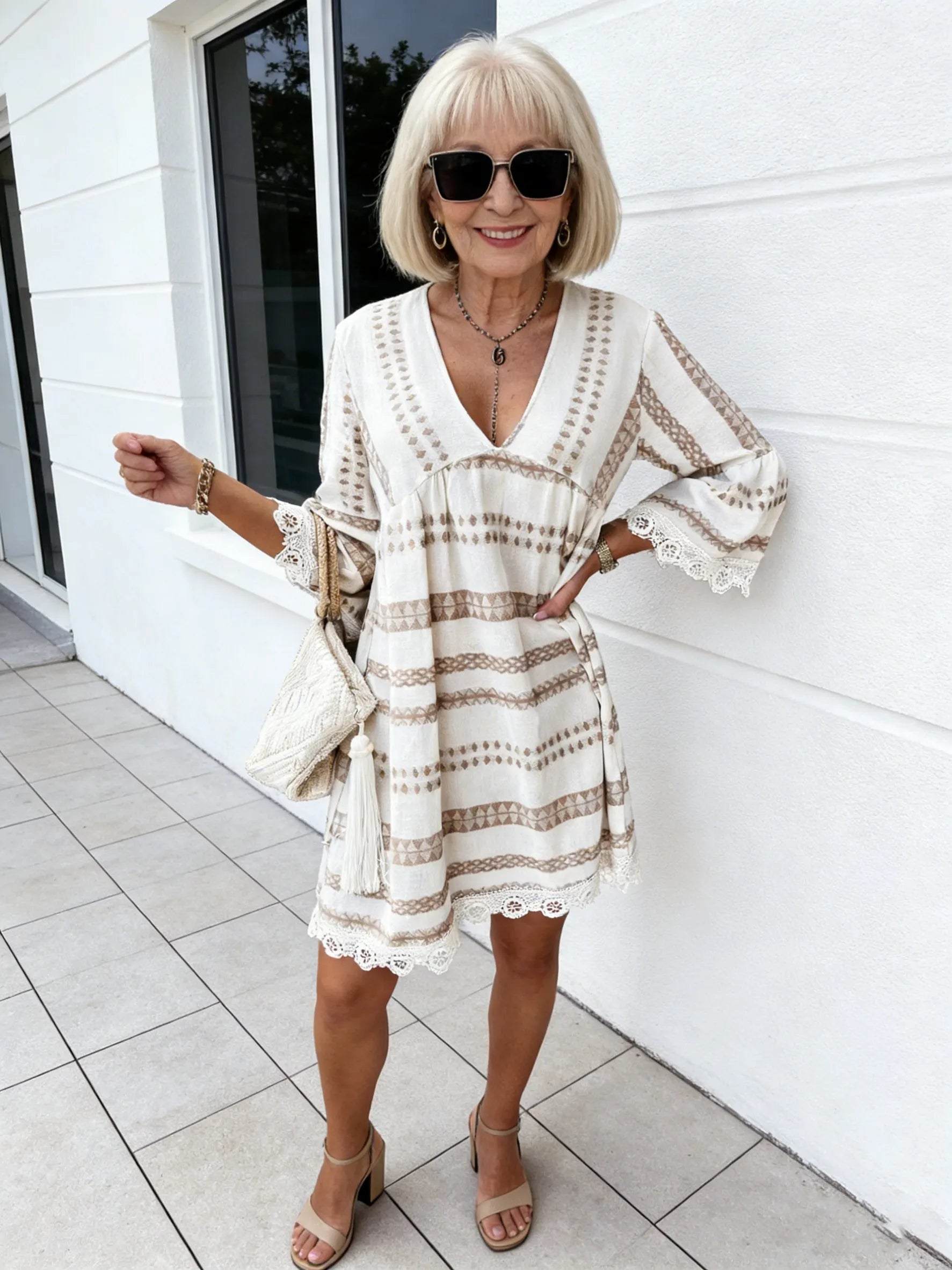 Lace Cuff Dress Deep V Cotton and Linen Breathable Dress