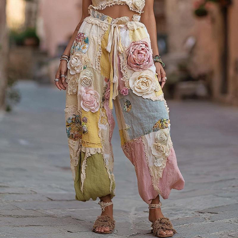Women's Retro Rose Flower Stitching Casual Pants