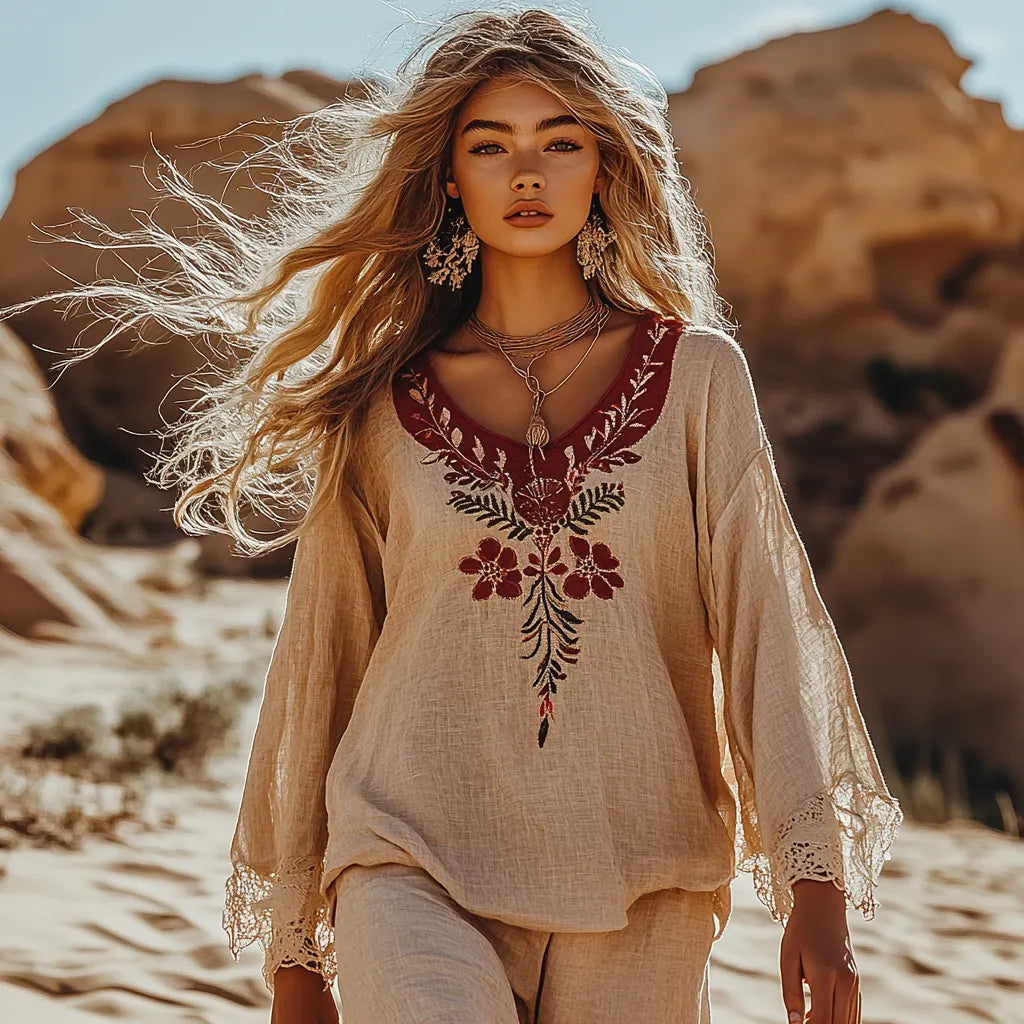 Desert Style Holiday Bohemian Vintage Linen Casual Top