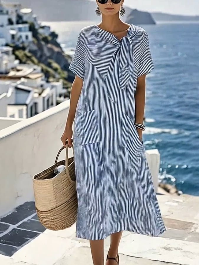 Women'S Casual Color-Block Cotton And Linen Dress